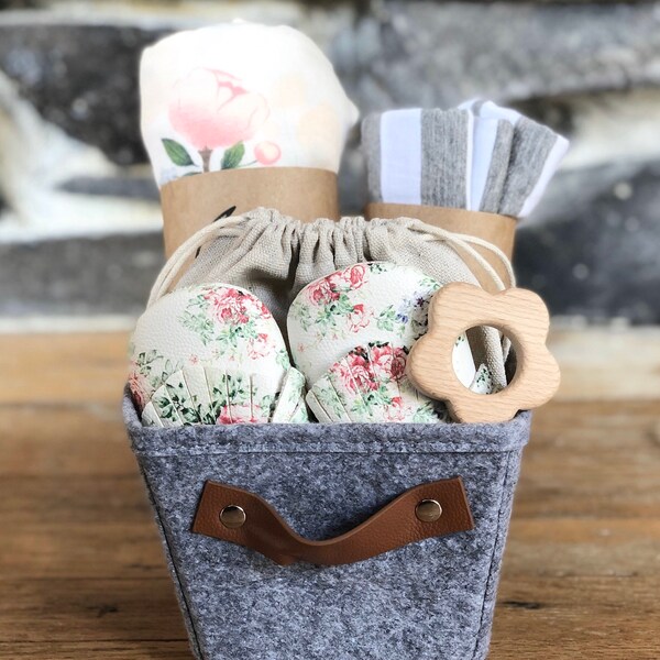 Organic Baby Gift Basket - Floral - moccasins, wooden toy, muslin blanket, car seat cover