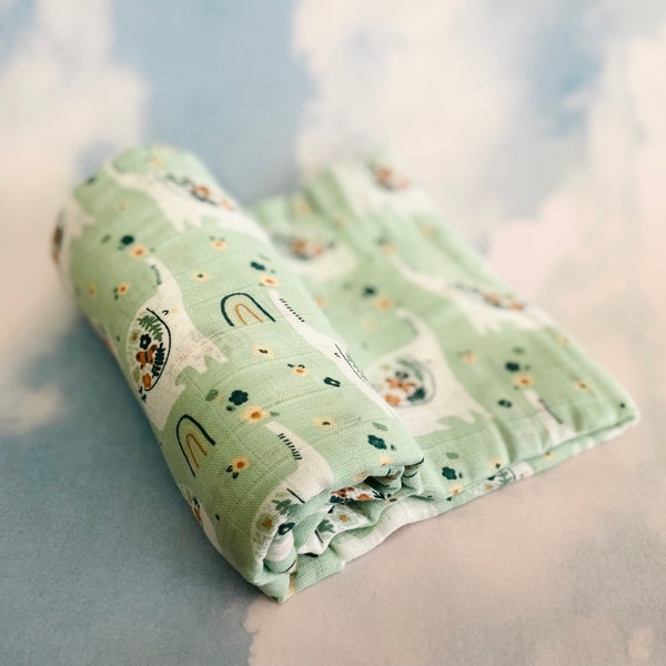 Mint Elephant Organic Bamboo Muslin Baby Swaddle Blanket