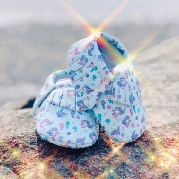 Little Mermaid Light Blue Vegan Leather Baby Moccasins