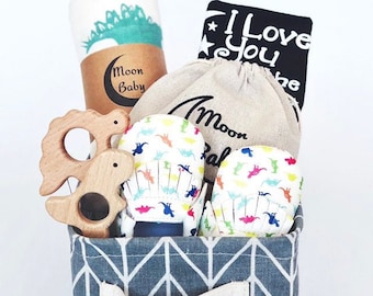 Organic Baby Gift Basket - Dinosaur - moccasins, wooden toy, blanket, bodysuit, I love you to the moon and back