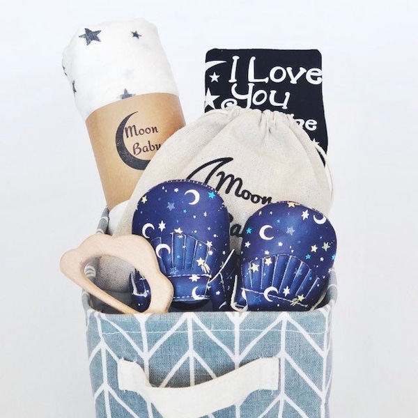 Organic Baby Gift Basket - Moon & Star - moccasins, wooden toy, blanket, bodysuit, I love you to the moon and back