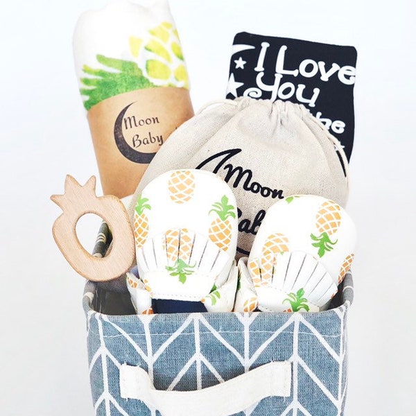 Organic Baby Gift Basket - Pineapple - moccasins, wooden toy, blanket, bodysuit, I love you to the moon and back