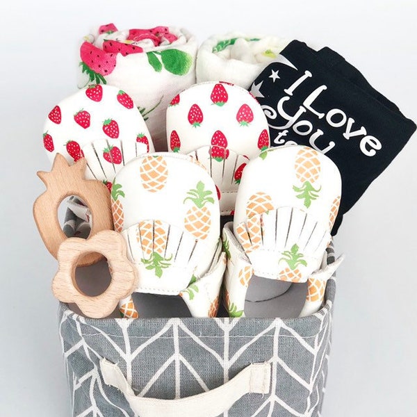 Deluxe Organic Baby Gift Basket - Fruity - moccasins, wooden toy, blankets, bodysuit, I love you to the moon and back, strawberry, pineapple