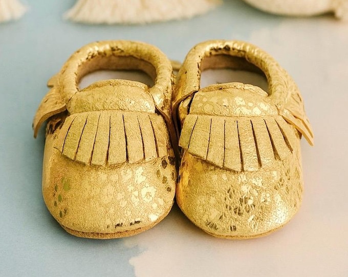 Featured listing image: Golden Leopard - Organic Suede Baby Moccasins
