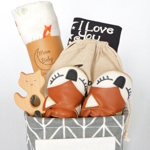 Organic Baby Gift Basket - Fox - moccasins, wooden toy, blanket, bodysuit, I love you to the moon and back