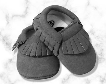 Charcoal Grey - Vegan Suede Baby Moccasins Handmade Sizes 1-4