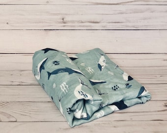Turquoise Blue Shark Organic Cotton Muslin Baby Swaddle Blanket