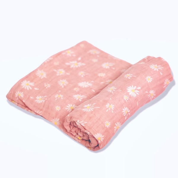 Blush Pink Tiny Daisy Organic Cotton Muslin Baby Swaddle Blanket