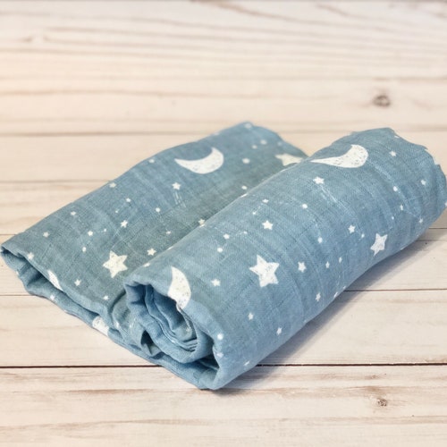 Neutral Blue Moon & Star Organic Bamboo Muslin Baby Swaddle Etsy