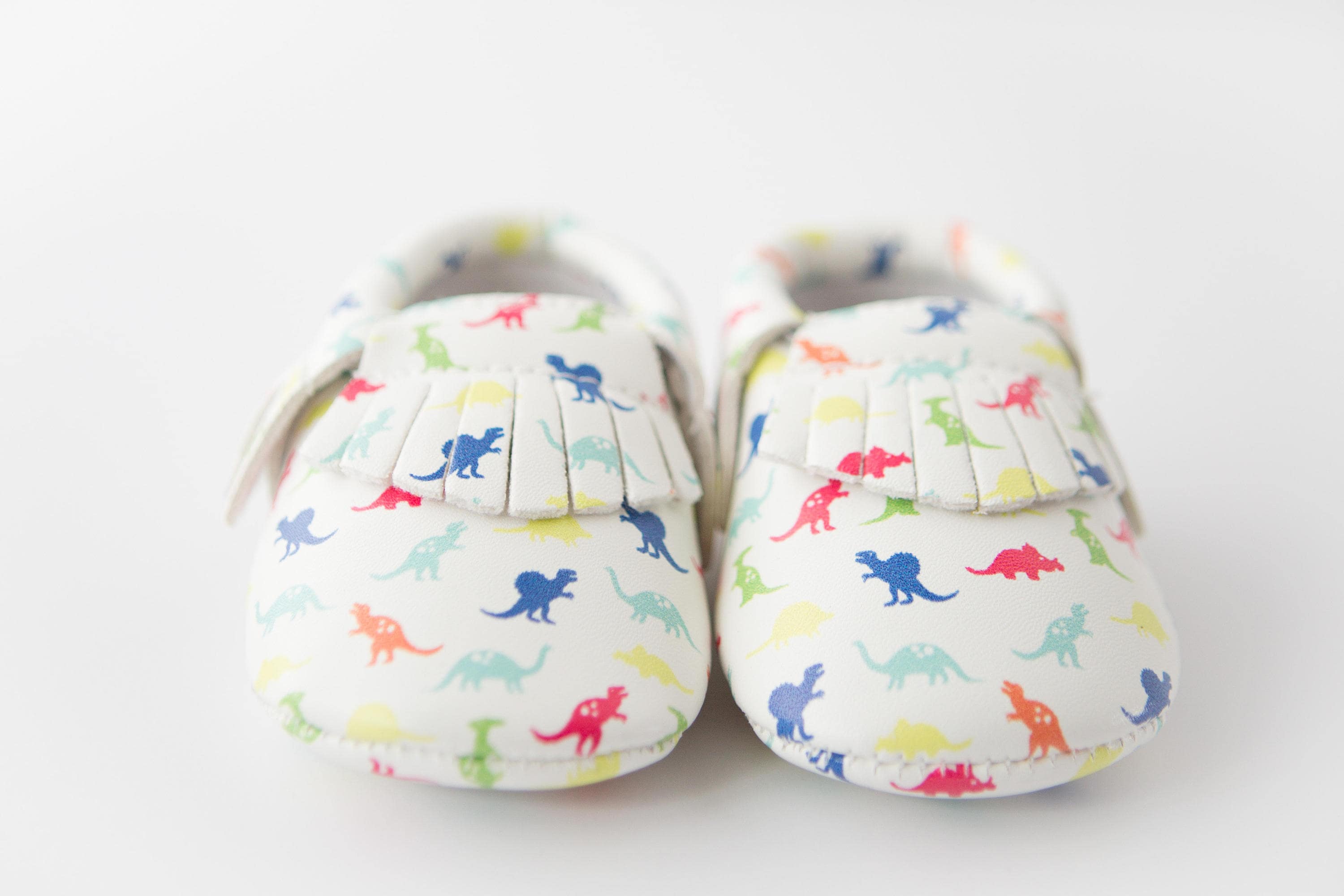 Rainbow Dinosaur Vegan Leather Baby Moccasins Sizes 1-5