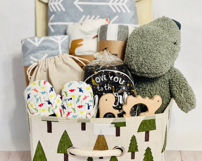 Featured listing image: Deluxe Organic Baby Gift Basket - Dinosaur - 10 piece set