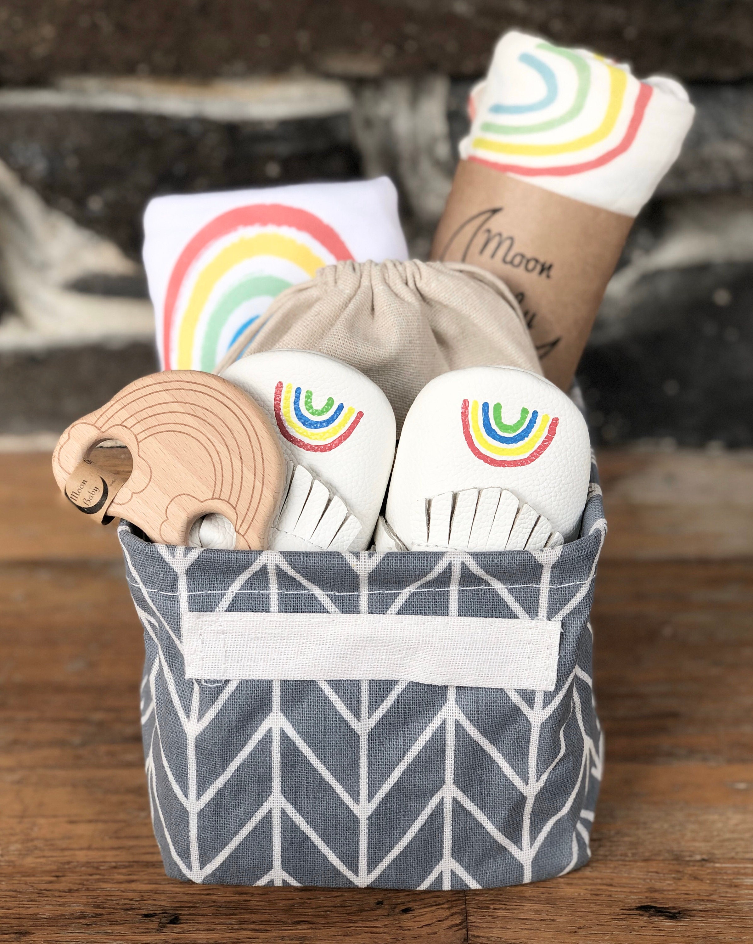 Organic Baby Gift Basket Rainbow moccasins, teether, blanket, onesie