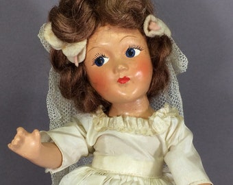Beautiful Composition Bride Doll - Vintage 1940s 11&quot; Compo Doll w/ Mohair Wig