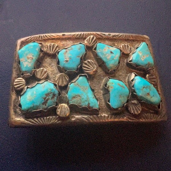 Zuni attr. Lee Edaakie Belt Buckle Natural Turquoise with Quartz Inclusions Sterling Silver Native American