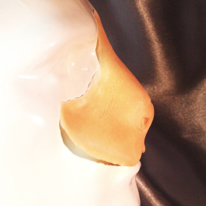 Peut inclure: Gros plan d'un nez proth&eacute;tique, avec un ton de peau r&eacute;aliste. Le nez est de couleur orange clair et est fix&eacute; &agrave; une surface blanche. L'image est bien &eacute;clair&eacute;e, soulignant les d&eacute;tails de la proth&egrave;se.