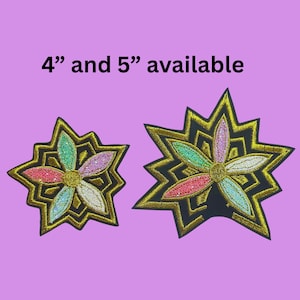 May include: Two embroidered star-shaped patches with a floral design. The patches feature a black background with gold trim and colorful petals in pink, green, and white. The text "4" and 5" available" is at the top.