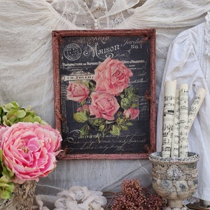 French Shabby Pink Roses Vintage Wall Plaque Frame, Shabby Victorian Wall Panel, French Cottage Wall Decor, Decoupage Mixed Media Wall Art