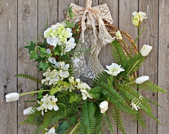Spring Wreaths, Hydrangea Wreath Year Round for Front Door, Grapevine Wreath Floral, Flower Wreath, Rustic Shabby Chic Door Wreath Everyday
