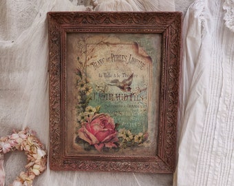 French Vintage Perfume Label Wall Plaque, Shabby Pink Roses Vintage Frame, Shabby Victorian Wall Panel Decor, Decoupage Mixed Media Wall Art