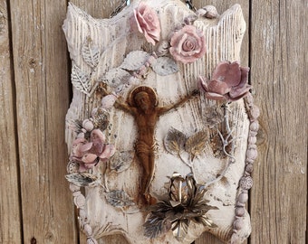 Vintage Wall Crucifix, Antique Religious Wood Panel With Crucifix Holy Corpus Christ Jesus on Cross, Vintage Shabby Crucifixion, Catholic