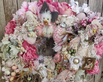 Shabby Pink Easter Wreath, Pink Roses Lace Eggs Easter Bunnies Spring Wreath Decor, Vintage Victorian Easter Spring Wreath Decoration