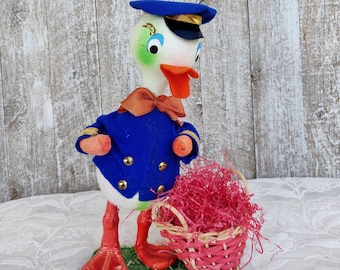 Vintage Easter Decor, Easter Candy Container, Retro Easter Figurine, Old Easter Duck Paper Mache Ornament, Mid Century Easter Decorations