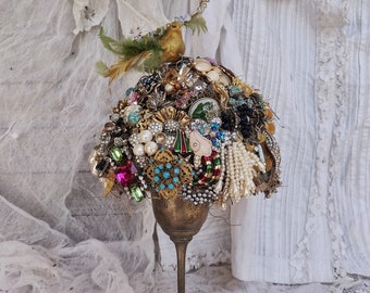 Jeweled Easter Spring Bird Nest, Easter Centerpiece Arrangement Decor, Bird Nest Decor, Upcycled Jewelry Art, Easter Spring Decorations