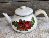 Vintage Porcelain Enamel Kettle Teapot, Vintage Kitchen Kettle, Mid Century Retro Modern Enamel Kettle Tea Pot, Mod Retro Kitchen Decor