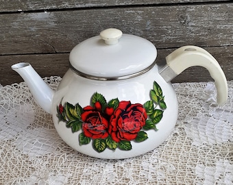 Vintage Enamel Kettle Teapot | Retro Kitchen Decor | Cottage Farmhouse Display | Collectible Vintage Kitchenware