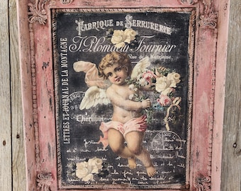 French Wall Plaque, Shabby Angel Pink Roses Vintage Picture Frame, Shabby Victorian Angel Roses Wall Panel, French Cottage Wall Panel Decor
