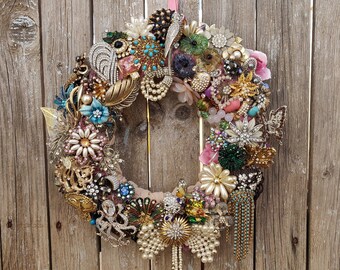 Vintage Jewelry Art Wreath, Repurposed Upcycled Altered Jewelry Art, Jeweled Wreath Wall Hanging, Boudoir Powder Room Wall Decor