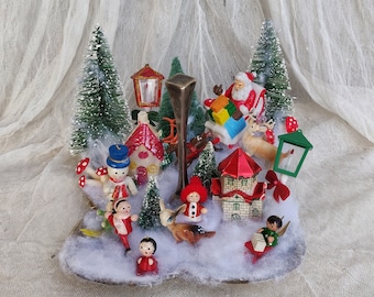 Vintage Santa Christmas Scene Table Decor, Christmas Decorations, Victorian Christmas, Retro Christmas Snow Decor, Nursery Christmas Decor