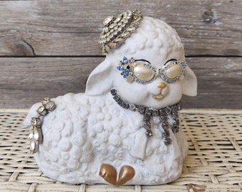 Vintage Easter Lamb Statue Money Bank, Shabby Chic Farmhouse Lamb Figurine, Embellished Sheep Statue Figurine, Cottage Nursery Baby Decor