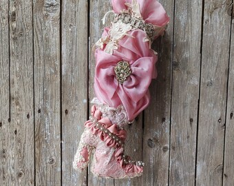 Christmas Stocking, Pink Shabby Christmas Stocking Decor, Lace Christmas Stocking, Victorian Shabby Romantic High Heel Xmas  Stockings