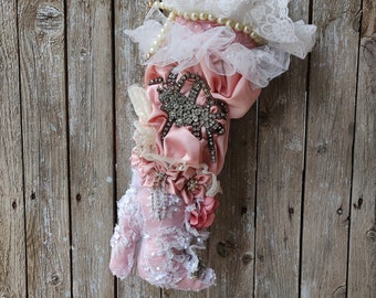 Christmas Stocking, Pink Shabby Christmas Stocking Decor, Lace Victorian Christmas Stocking, Shabby Romantic High Heel Holidays Stockings