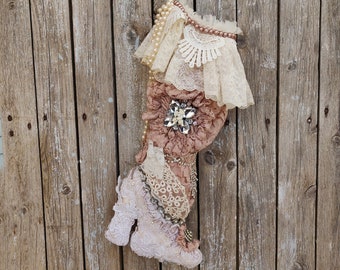 Handmade Shabby Chic Christmas Stocking, Lace Victorian Decor