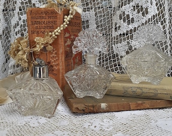Vintage Crystal Vanity Set, Vintage Cut Glass Atomizer & Perfume Bottle Trinket Box, Vintage Art Deco Vanity Set, Vintage Dressing Decor