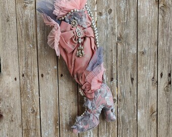 Christmas Stocking, Pink Shabby Christmas Stocking Decor, Lace Victorian Christmas Stocking, Shabby Romantic High Heel Holidays Stockings
