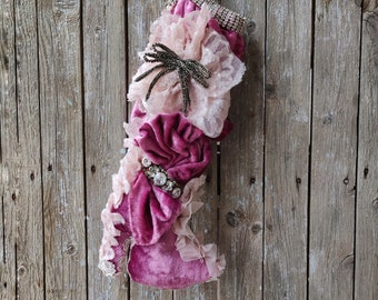 Christmas Stocking, Pink Velvet Shabby Christmas Stocking Decor, Victorian Christmas Stocking, Shabby Romantic High Heel Holidays Stockings