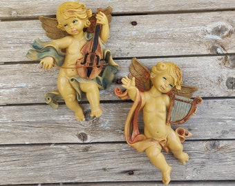 Fontanini Angel Couple Wall Hanging, Vintage Italy Musician Cherubs Putti, Religious Catholic Christian Gifts Wall Decor, Angel Sculpture