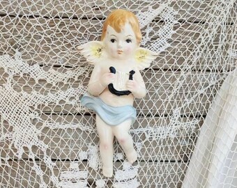 Vintage Angel Cherub Wall Pocket, Rare Collectible Porcelain Angel with Harp Figurine, Hanging Angel Japan, Angel Wall Decor, Angel Planter