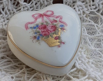 Caja de baratijas en forma de corazón de porcelana de Haviland Limoges, caja de pastillas con tapa rosa francesa vintage, caja de baratijas de joyería decorativa coleccionable, pastillero