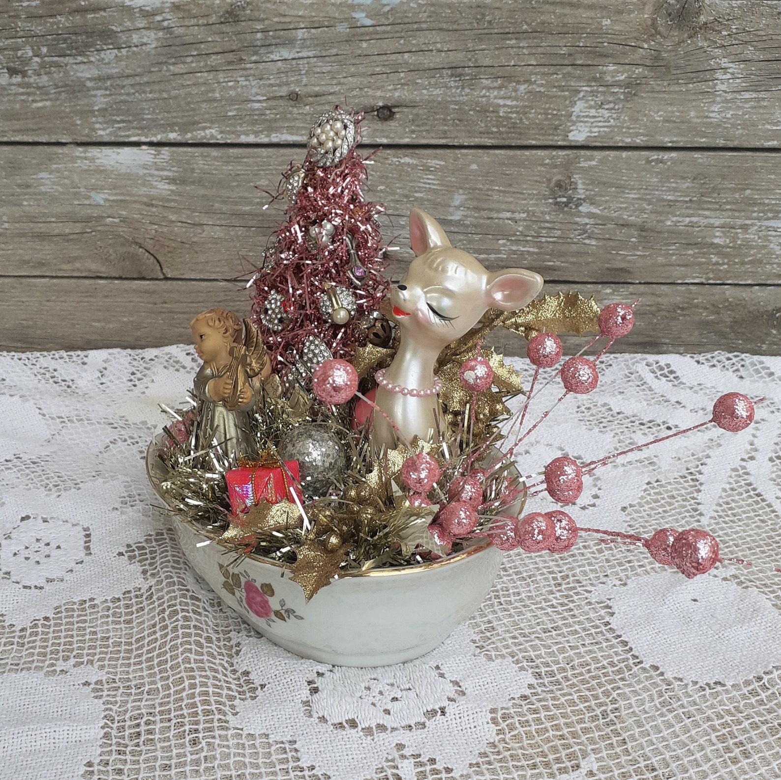 Vintage Pink Christmas Tree Tabletop Pink Shabby Christmas Etsy