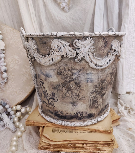 French Cottage Shabby Planter Flower Pot, Metal Basket Storage Decor, Shabby Plant Pot, Cache Pot Vintage Galvanized Bucket, Cherub Decor
