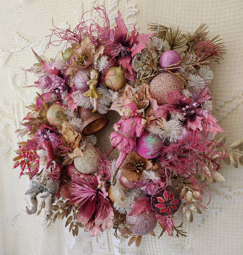 Christmas Wreaths Front Door Pink Gold Elf Holiday Wreath Etsy