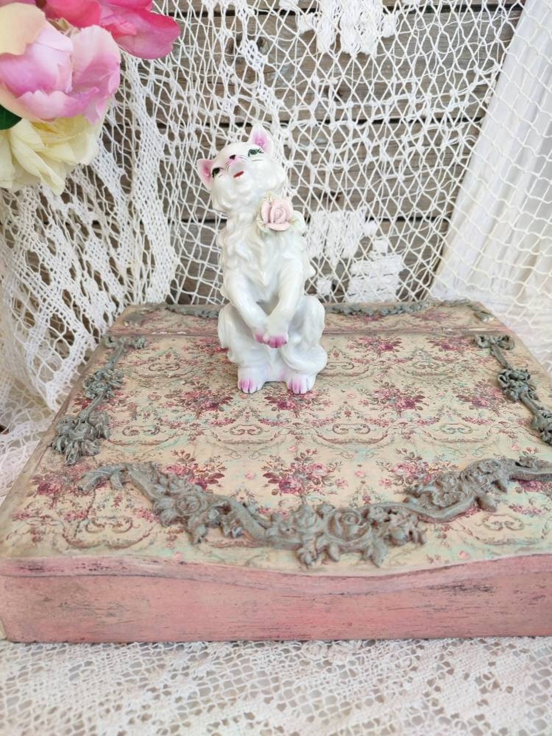 Vintage Cat Figurine, Japan Porcelain White and Pink Cat Statue, Mid