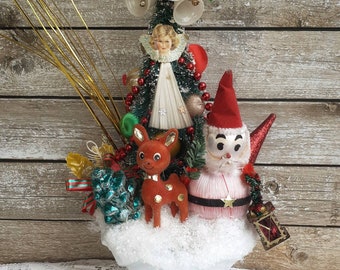 Vintage Christmas Tree Tabletop Arrangement Centerpiece in Milk Glass Bowl, Retro Santa Christmas Decorations, Vintage Christmas Scene Decor