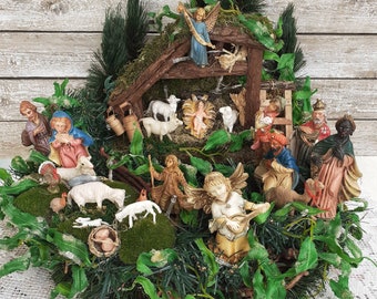 Vintage Christmas Nativity Set Scene Lighted  Fontanini Tabletop Centerpiece Table Wreath Display, Vintage Nativity Manger Stable Creche