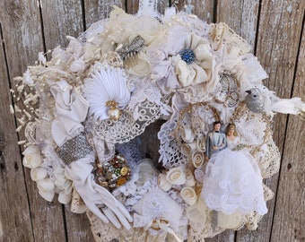 Vintage Lace Wedding Wreath, Shabby Chic Bridal Decor, 19.7