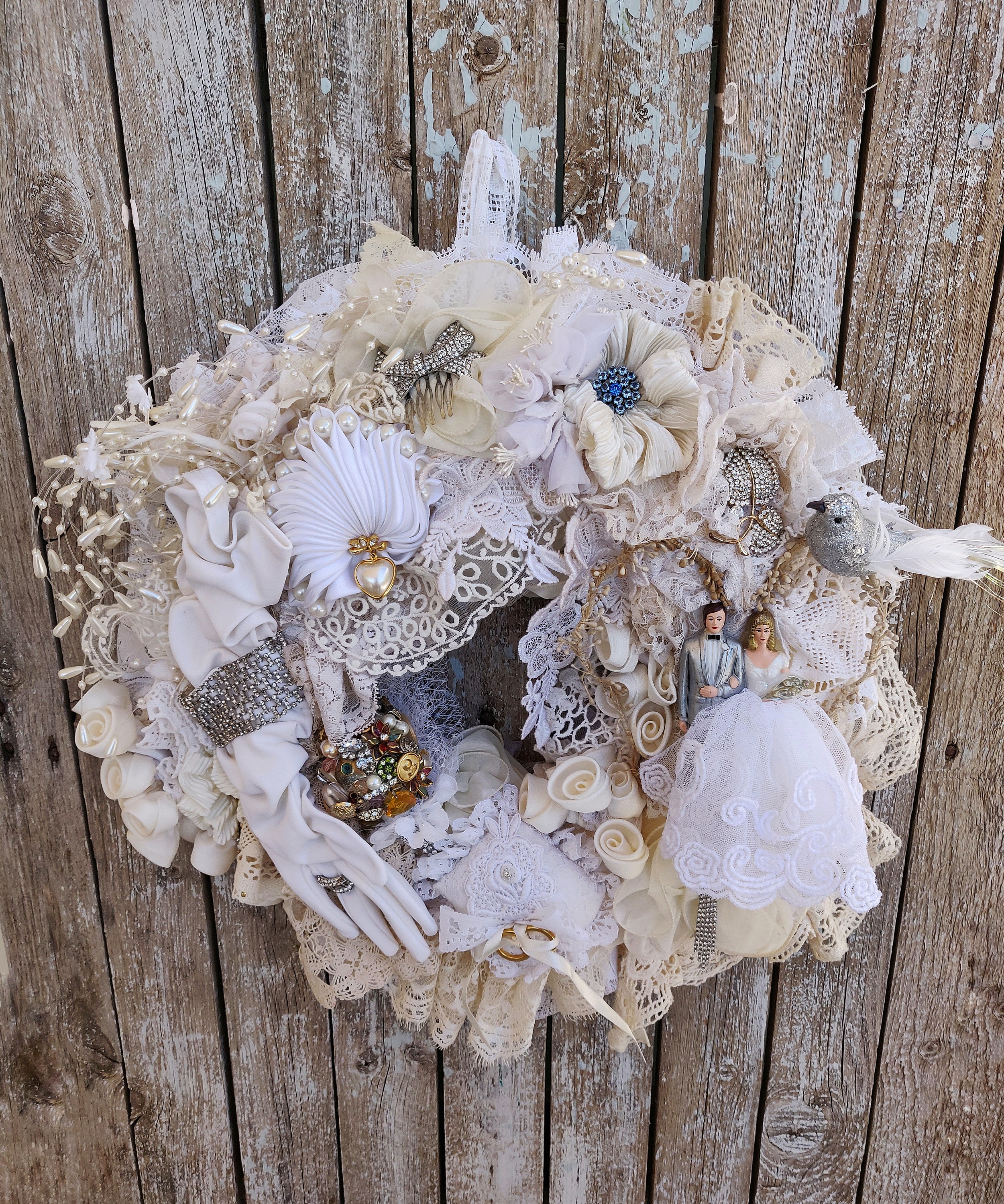 Vintage Lace Wedding Wreath, Shabby Chic Bridal Decor, 19.7